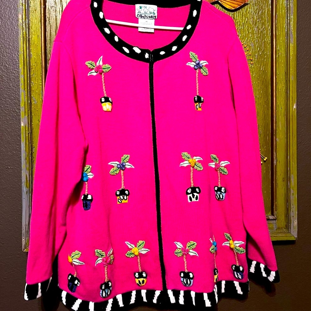 Vntg. The Quacker Factory Pink Potted Palm Trees Cardigan Zipper Sweater